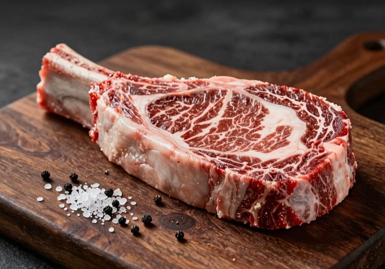 A beautiful shot of a raw, perfectly marbled Ribeye steak on a rustic wooden board, with flakes of sea salt and peppercorns. Dark Cocoa and Warm Terracotta tones. Professional culinary lighting.