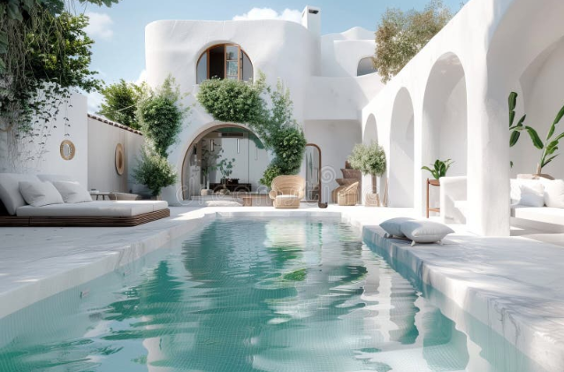 Long narrow pool with soft teal water and white mosaic tiling in a curved Mediterranean courtyard de
