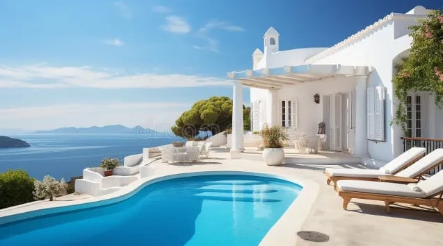 Curved white Mediterranean-style pool with light blue water and smooth white coping