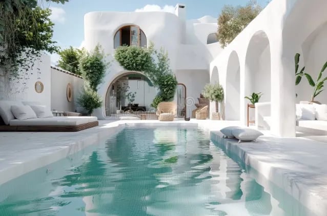 Long narrow white Mediterranean pool with turquoise water and white mosaic tiling
