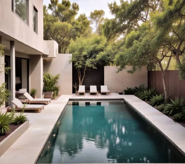 Rectangular modern pool with deep teal water and light concrete edging, framed by lush greenery.