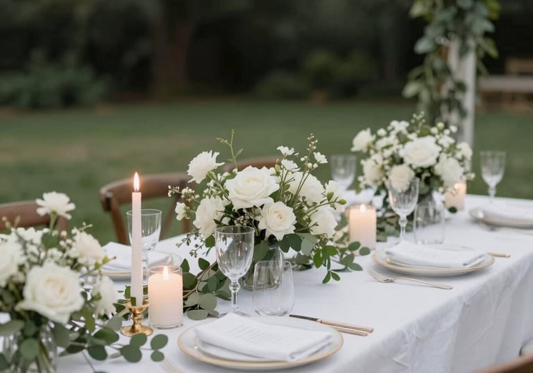 A couple joyfully celebrating their backyard wedding under string lights at dusk.