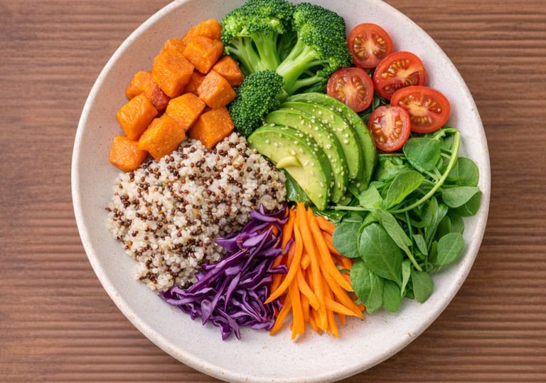 An inviting dinner plate with colorful, healthy food ready to serve.