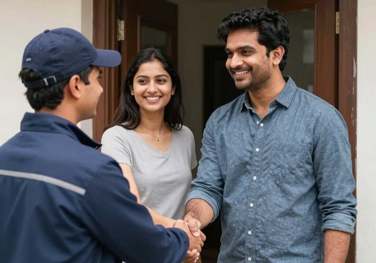 A happy South Asian / Indian couple at the entrance of their new apartment, shaking hands with a delivery person in professional attire.