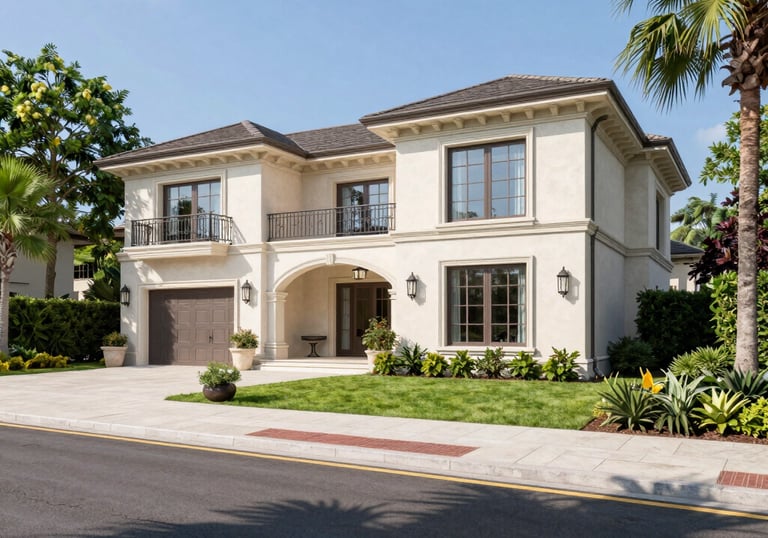 A beautifully constructed modern villa surrounded by lush greenery on a sunny day.