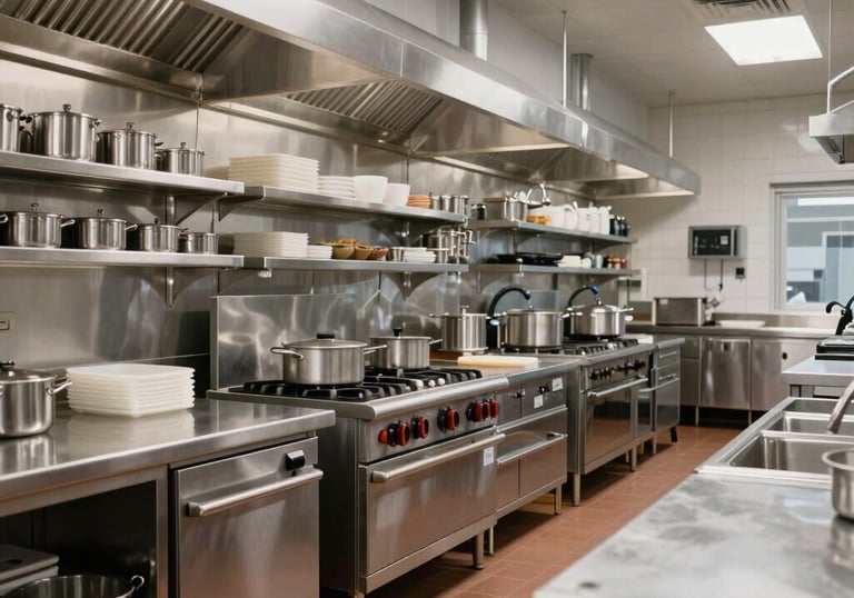 A wide-angle professional photograph of a bright, ultra-organized commercial kitchen facility in North America, with gleaming stainless steel surfaces.
