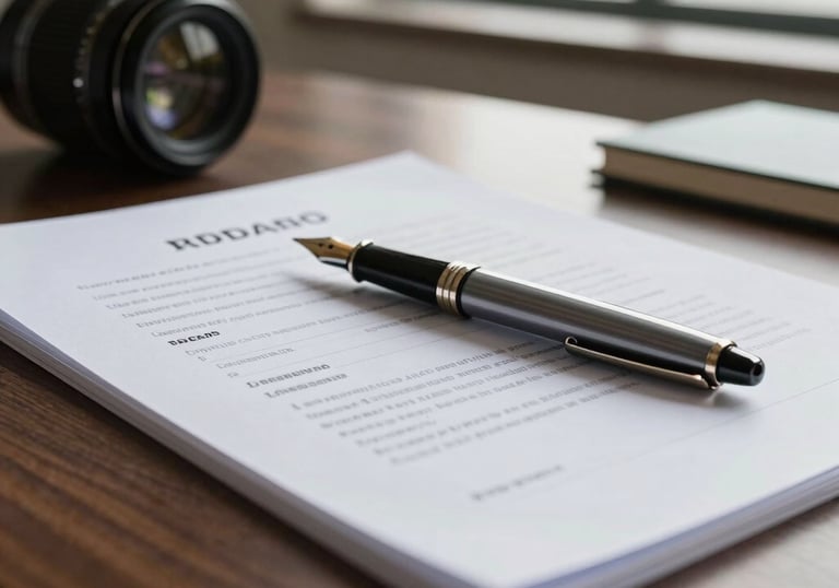 A professional still life of a fountain pen and a legal document on a desk, with soft lighting coming from a nearby window in a Brazilian office. The image conveys focus, detail, and formal procedure.