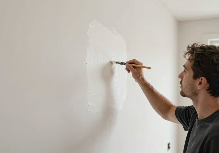 A detailed photograph of a professional painter applying a smooth off-white finish to a modern interior wall in a North American / US residential project, clean edges and sharp focus.