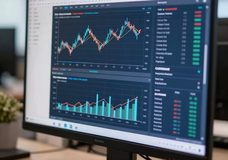 A sharp focus on a high-definition computer screen in a North American office showing modern financial software with professional charts and data visualization in white and navy blue colors.