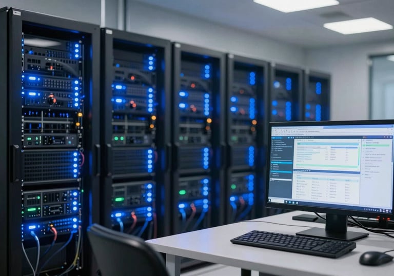 Advanced technology room in an Ecuadorian financial firm, glowing blue servers, blurred lights, and a high-end workstation showing data analysis.