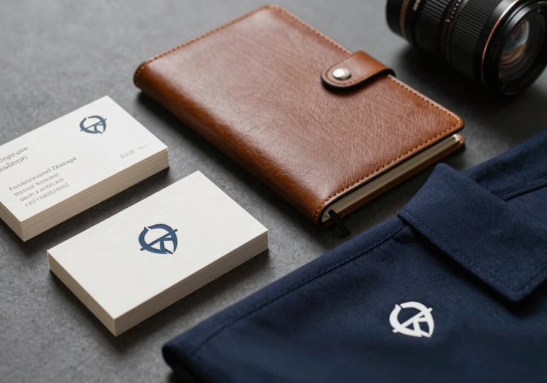 An elegant display of professional corporate branding items: embossed business cards, a leather-bound notebook, and a branded uniform, all featuring a cohesive logo.