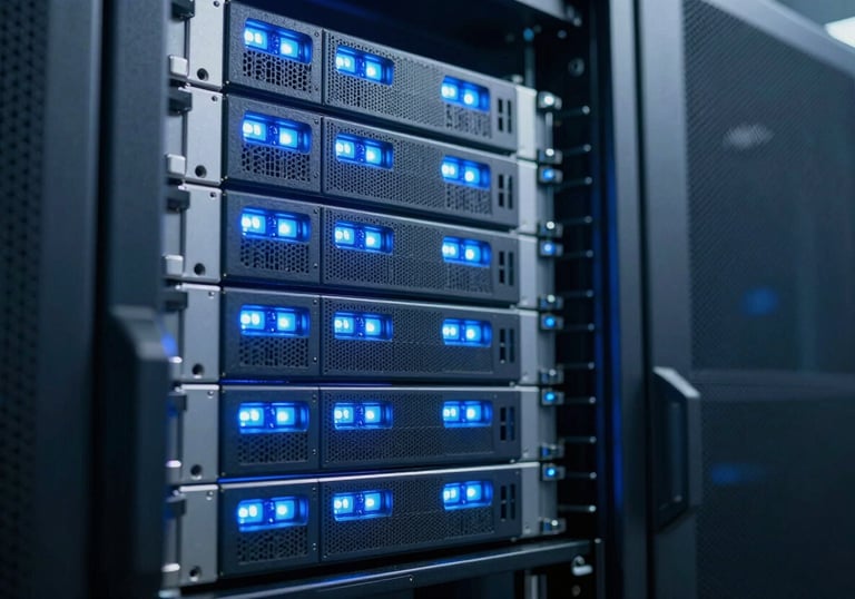 Close-up of a high-tech server room with glowing blue lights. The aesthetic is clean and modern, featuring Steel Blue and Deep Navy tones.