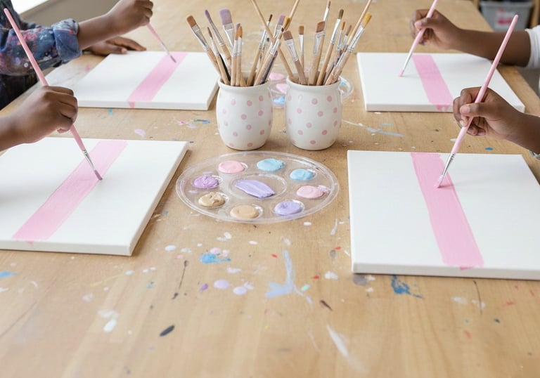A cheerful group of beginners painting colorful canvases together in person in  our studio