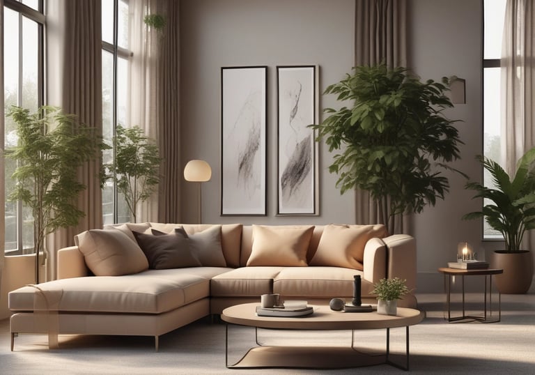 Cozy modern living room with natural light and elegant furnishings.