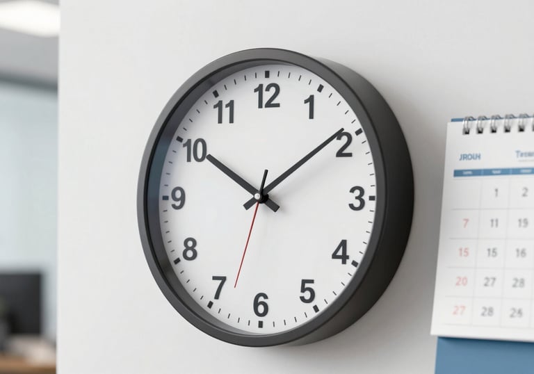 A close-up of a high-tech office clock and a calendar, symbolizing punctuality and reliable service, shot in a modern and clean style with #1E4D48 accents.