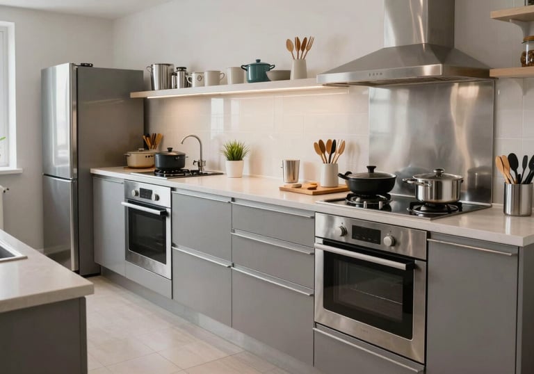 A bright and functional shared kitchen in a modern apartment building designed for worker project teams. Multiple cooking stations, stainless steel appliances, and a clean, organized layout. Zentraleuropäisch / Deutsch style.