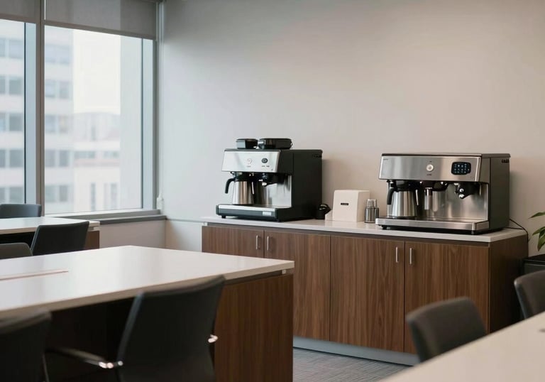 A pristine and organized corporate breakroom in a New York office, featuring clean surfaces and sanitized coffee stations, North American / US style.
