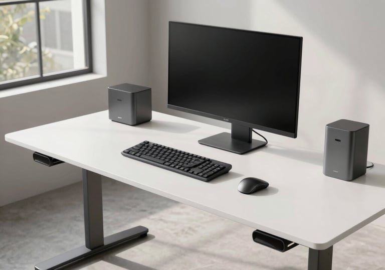 A high-end ergonomic desk setup in a North American loft. The space is filled with natural light, featuring a clean white surface and tech accessories in gray and black.