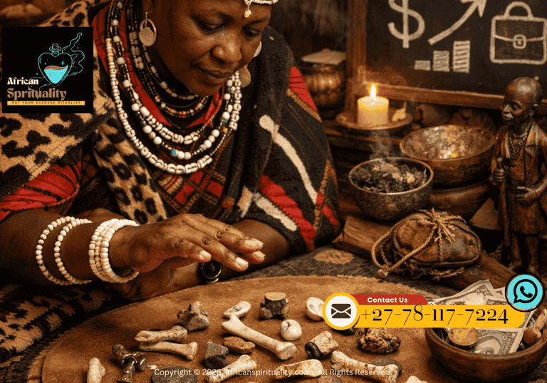 An African traditional healer performing a bone throwing ritual for spiritual guidance and wealth.