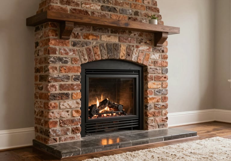 A beautifully maintained traditional brick fireplace in a North American living room, soft warm lighting reflecting off clean surfaces, off-white rug.