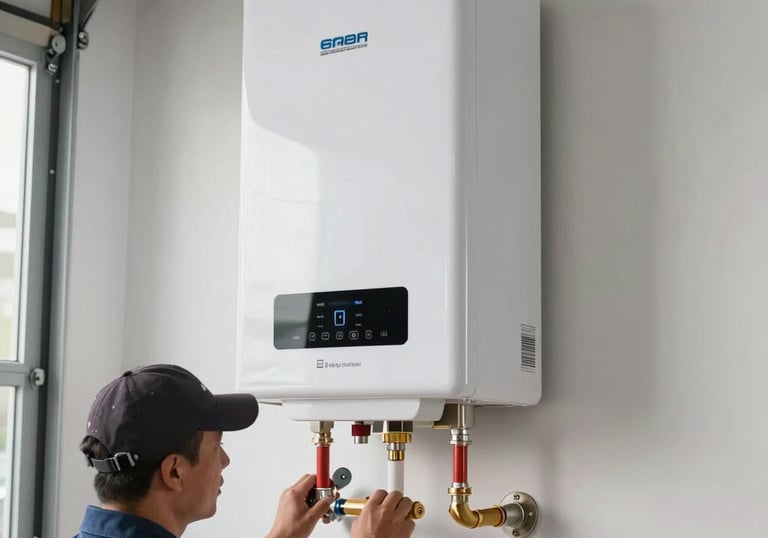 A brand new, high-efficiency water heater unit recently installed in a clean, brightly lit North American / US garage setting, showing professional workmanship.