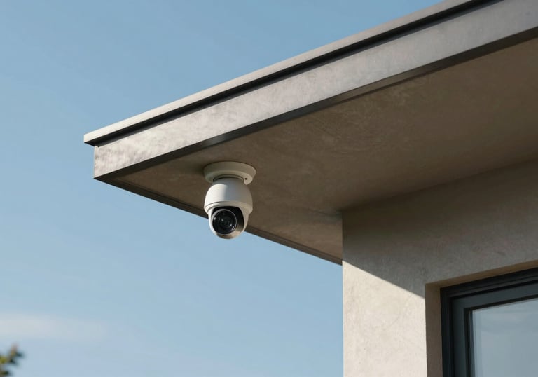 A modern home exterior with a security camera mounted under the eaves, captured under a bright and clear slate blue sky.