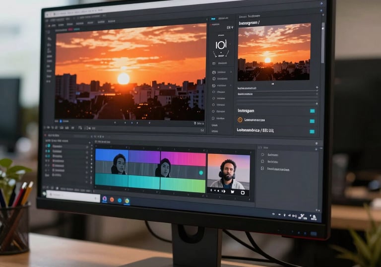 A desktop monitor in a creative office showing an Instagram Reels editing interface with vibrant Sunset Orange colors. Latinoamérica / EE.UU.