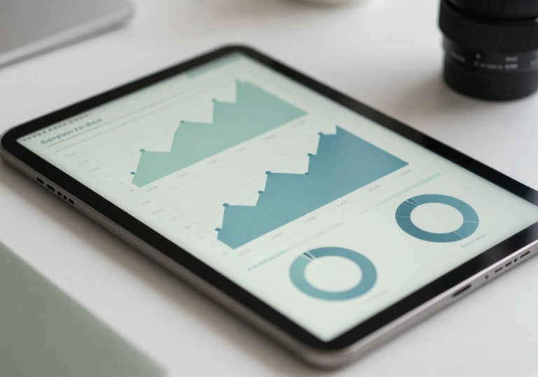 A clean, organized workspace showing a close-up of a tablet displaying analytical charts with Muted Sage and Pale Duck Egg Blue colors.