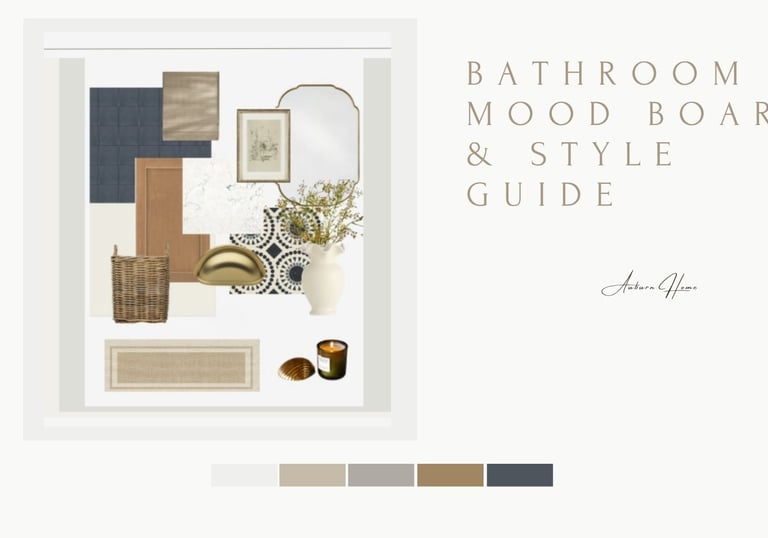 A luxury bathroom mood board and style guide featuring gold fixtures, marble textures, and blue tile patterns.