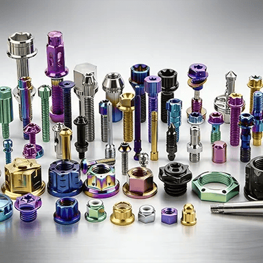 Titanium fasteners product lineup showing various sizes and types of aerospace-grade bolts and faste