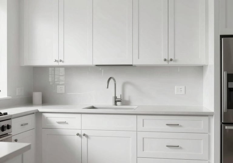 A clean, modern kitchen in St. Petersburg, Florida, with cabinets refinished in a smooth, high-end white finish. The lighting is bright and inviting.