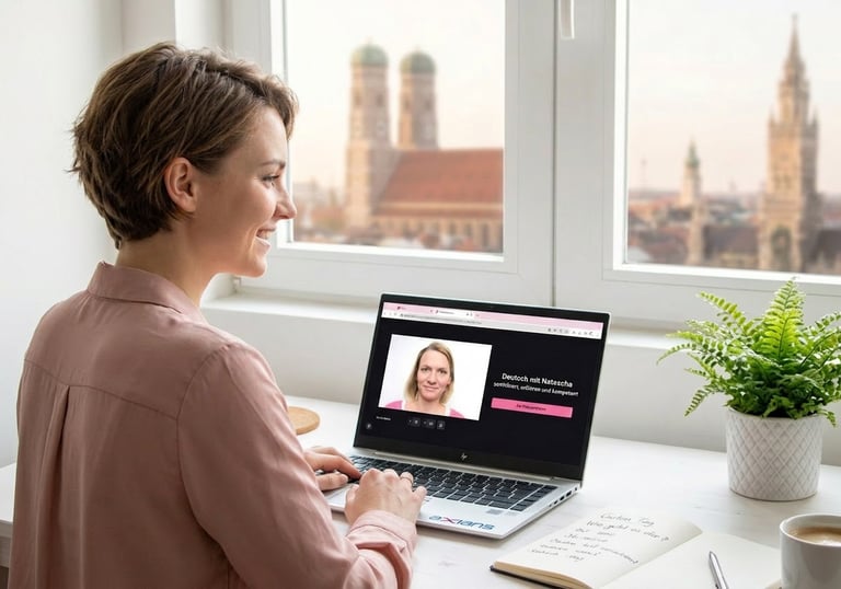 Frau lernt Deutsch online mit Lehrerin Natascha per Laptop, sitzt am Schreibtisch