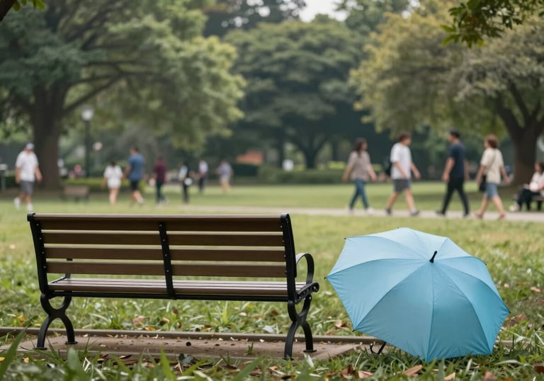 A peaceful North American park scene with people walking in the background. The focus is on a park bench with a sky blue umbrella nearby, representing a balanced and calm lifestyle.