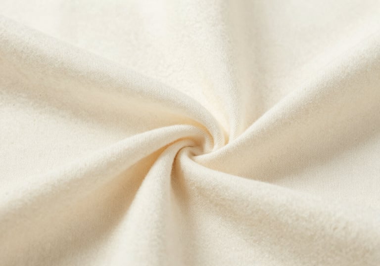 A macro shot of high-quality, soft cotton fabric in a creamy off-white color, showing the fine texture and durability of children's clothing materials.