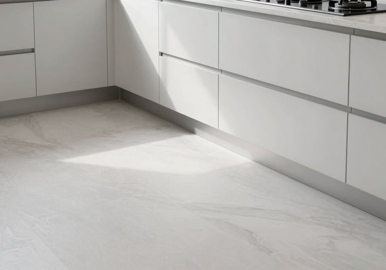 Photography of a high-end, newly finished kitchen floor and cabinetry, showcasing premium materials and cloud white and silver color palette in a bright home.