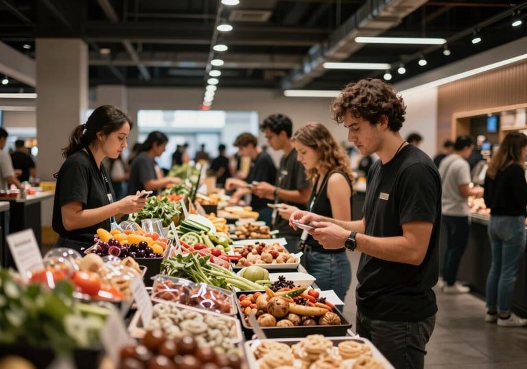 A bustling yet sophisticated North American modern food hall. High ceilings, industrial-chic decor, and customers interacting with vendors. Shallow depth of field focusing on foreground textures of fresh food.