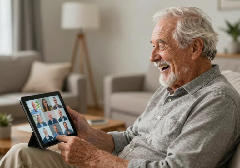 A happy senior citizen in a North American / US living room laughing while looking at a tablet showing a community interest group video chat.