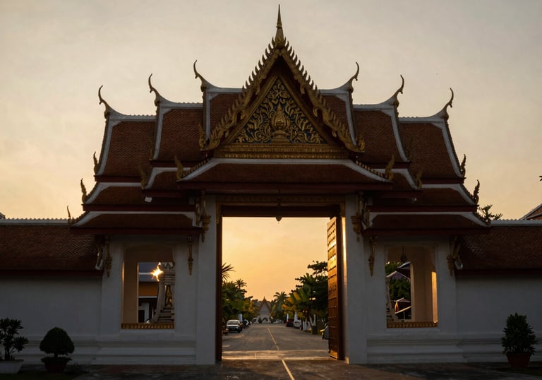 A serene Southeast Asian / Thai temple gate silhouetted against a golden sunrise, clean composition, professional photography style.