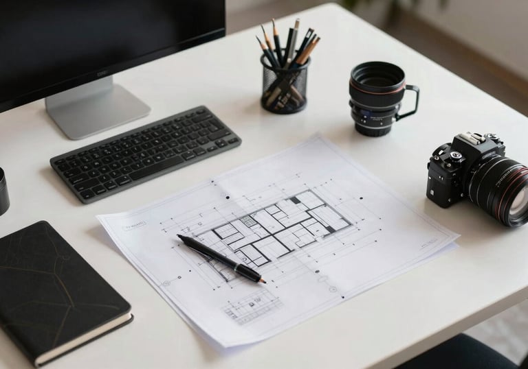 An overhead view of a clean, modern Brazilian collaborative workspace with high-end tech accessories and architectural blueprints.