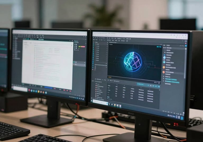 Multiple computer monitors in a clean, professional setup showing various productivity software interfaces, soft bokeh lighting, modern International tech vibe.