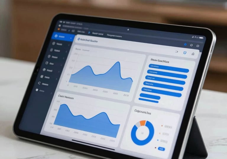 A close-up photograph of a tablet screen displaying a clean, professional software analytics dashboard with blue and dark slate elements, set on a white marble surface in a modern North American home office.