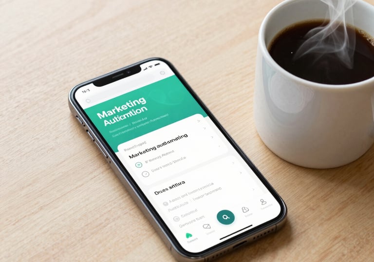 A high-resolution product photography shot of a smartphone displaying a sleek marketing automation app, positioned next to a steaming cup of coffee on a clean, light wood desk.