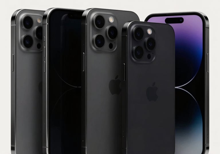 A professional commercial studio shot of several sleek space black iPhones arranged in an elegant, geometric diagonal line. Pure pristine screens with a polished reflective finish, sharp focus, neutral off-white background.