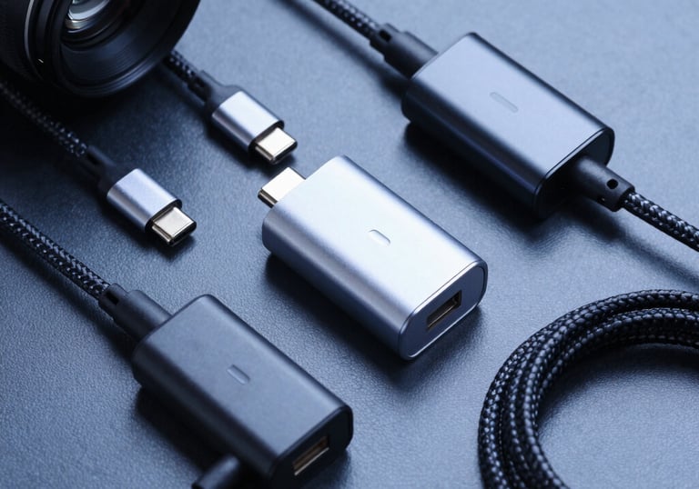 A high-end studio shot of premium tech accessories: fast-charging USB-C blocks and braided cables in black and silver, arranged perfectly in a structured flat lay under cool blue lighting.
