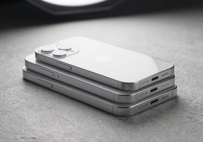 A modern, minimalist close-up photograph of silver smartphones stacked cleanly on a soft light gray stone surface. Professional studio setup with sharp contrasts, soft overhead white lighting.