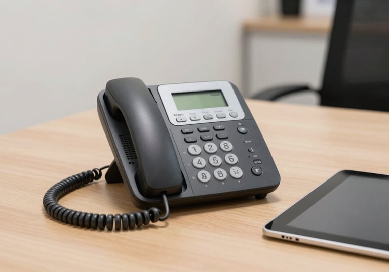 A high-quality close-up photo of a modern office telephone and a digital tablet on a clean wooden desk in a Brazilian corporate setting. Professional lighting and off-white surroundings.