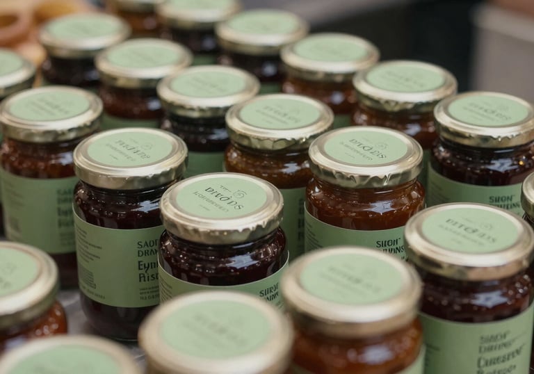 A close-up of a modern food market stall. Neatly arranged jars of preserves with parchment green labels and elegant dark slate typography, highlighting the artisanal quality.