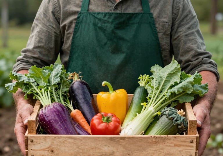 A portrait of a local farmer in a matte forest green apron, holding a wooden crate of colorful, organic vegetables. The lighting is soft and natural, emphasizing the texture of the soil and the fresh produce.
