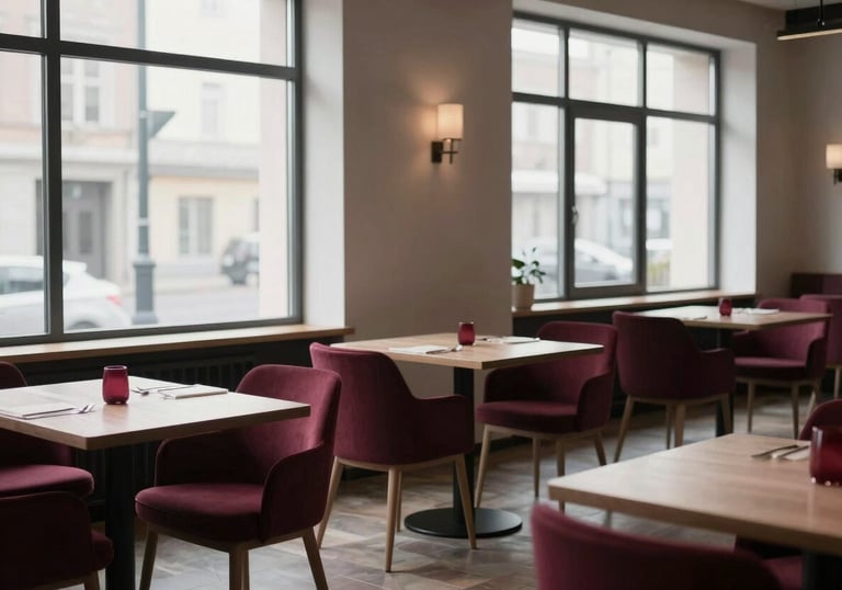 An elegant, Scandinavian-style interior of a restaurant. Minimalist furniture, large windows with natural light, and small deep carmine red accents on the tables. The vibe is quiet and professional.