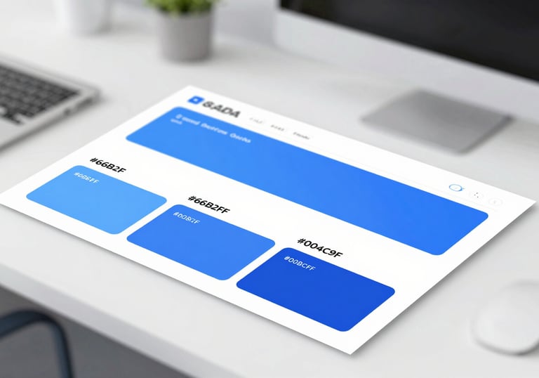 3D visualization of brand style guides and color swatches featuring #66B2FF and #004C97 on a clean white desk.